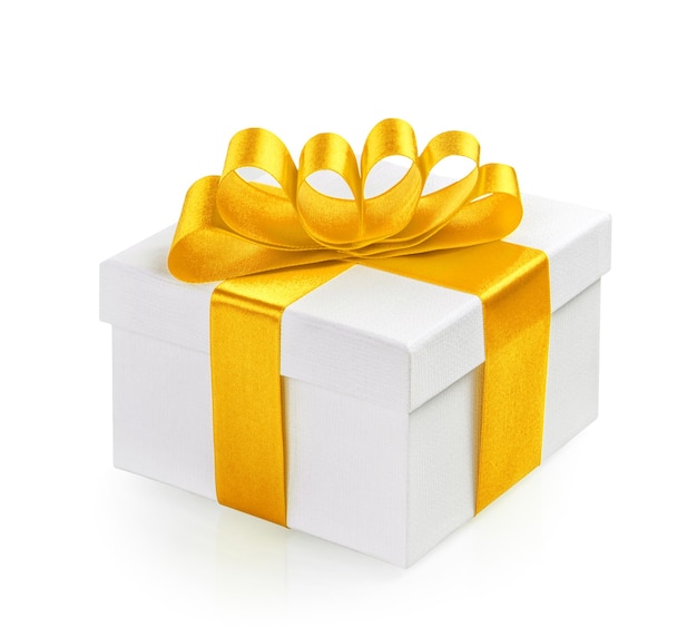 Gift box with yellow ribbon bow isolated on white background. Holidays decoration