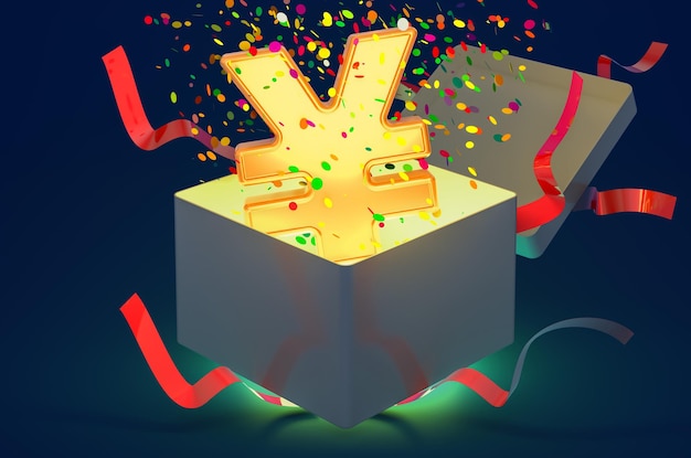 Gift box with yen or yuan sign inside 3D rendering