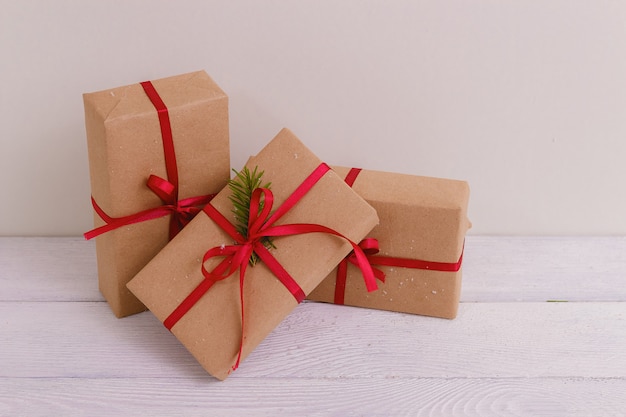 Gift box on wooden table with copy space