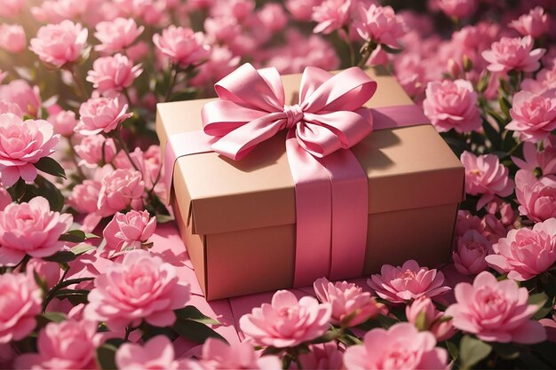 Gift box wrapped with craft paper and pink bow on pink flowers background