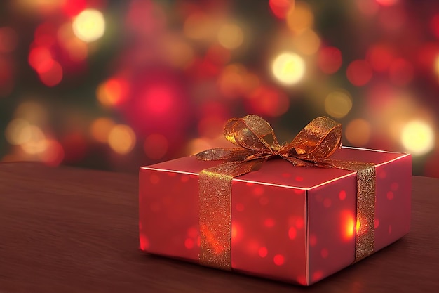 Gift boxe present for christmas on wood table bokeh light background