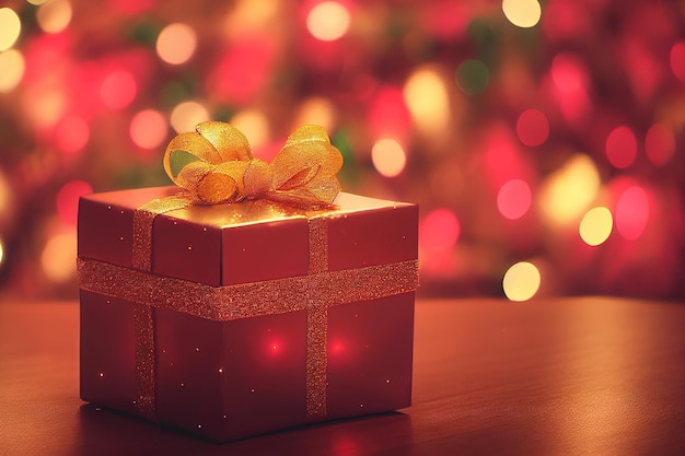 Gift boxe present for christmas on wood table bokeh light background