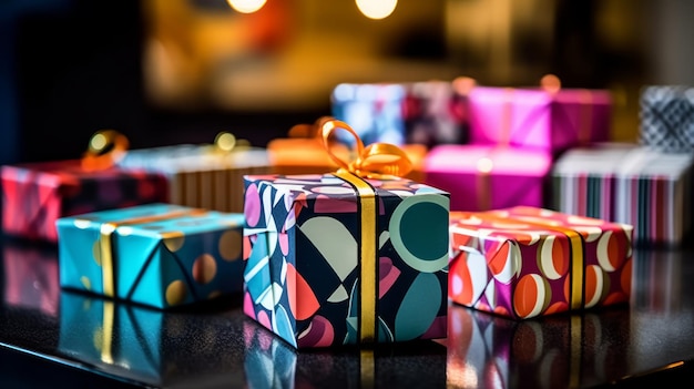 Foto scatole regalo decorate con moderni ornamenti a forma geometrica o motivi generati dall'intelligenza artificiale