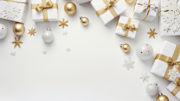 gift boxes adorned with ribbons alongside Christmas tree decorations glistening balls and sparkling snowflakes on a pristine white background in flat style top view with ample copy space