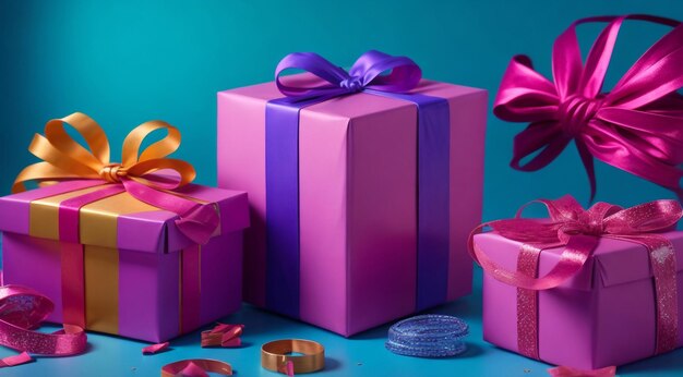 Фото Подарочные коробки и украшения на абстрактном фоне продажи подарков фон цветные подарки обои