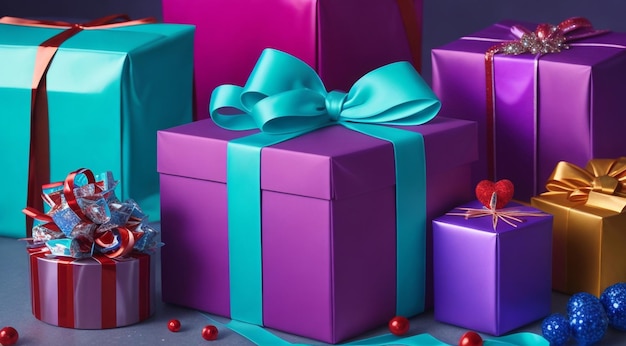 Фото Подарочные коробки и украшения на абстрактном фоне продажи подарков фон цветные подарки обои