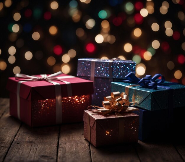 Gift boxes are on wooden plank under shinning light with colorful bokeh background