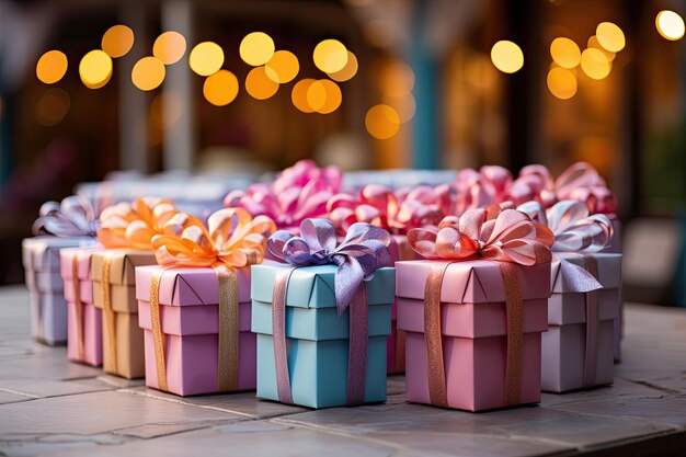 Gift boxes arranged in a playful and colorful stack with vibrant ribbons and bows