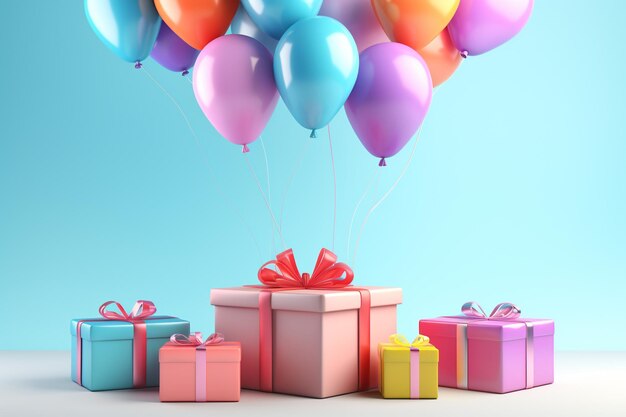 Gift boxes and balloons colorful Happy birthday concept celebration background generative ai