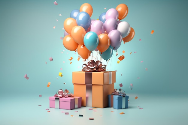 Gift boxes and balloons colorful Happy birthday concept celebration background generative ai