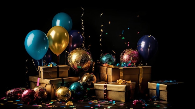 Gift boxes balloons in different colors Generative AI