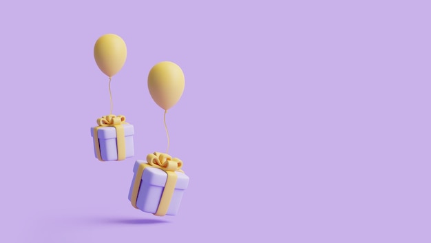 Gift boxes and balloons on pastel purple background Holiday decoration Festive gift surprise 3D