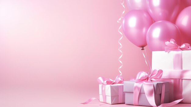 Gift boxes and balloons on pink background