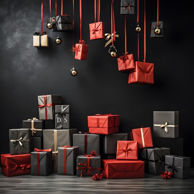 Gift Boxes on a Black Background With Space For Text Black Friday Banner Template