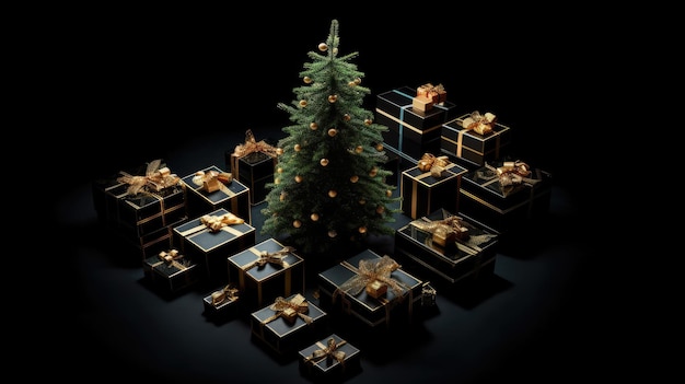 Gift boxes in black friday concept style around pine tree on black background