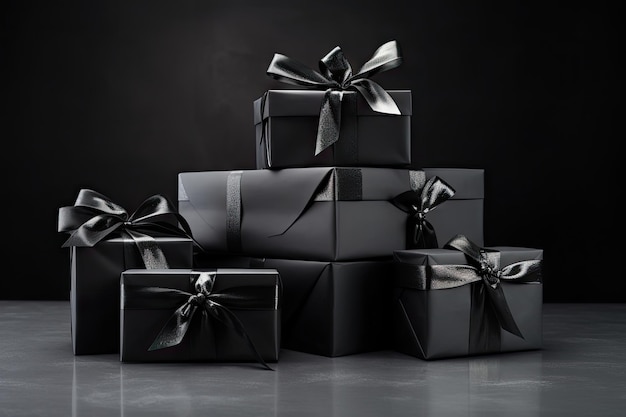 Gift boxes in black paper and ribbon on black background representing Christmas