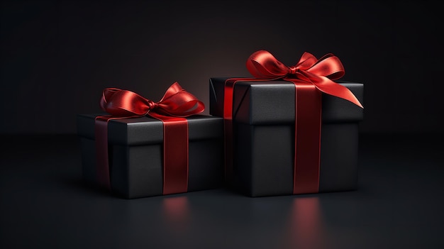 Gift boxes in black with ribbons Giftbox in realistic 3D isolated on a black background Generative Ai