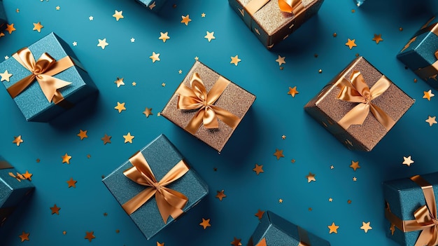 Подарочные коробки на синем фоне с золотыми звездами, вид сверху AI Generative AI Generative