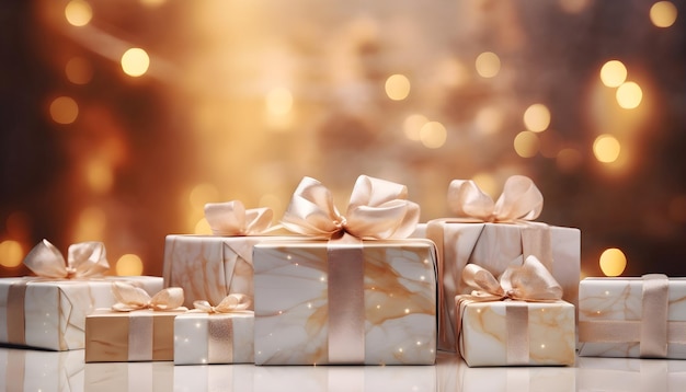 Gift boxes on blurred background with bokeh