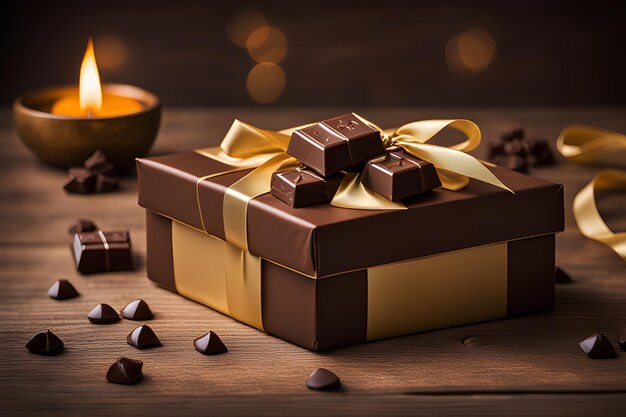 Gift boxes and chocolates are photographed on a wooden table with microlens