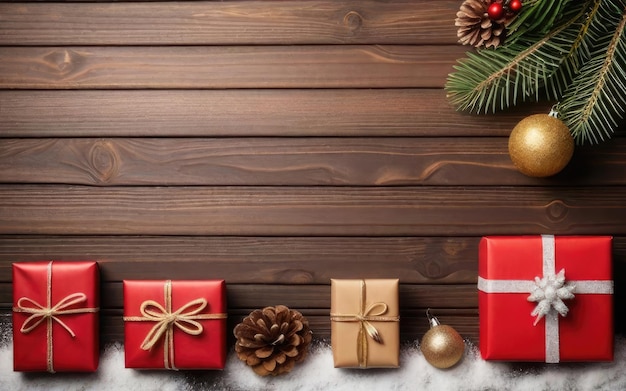 Gift boxes and christmas decoration on wood background Top view with copy space