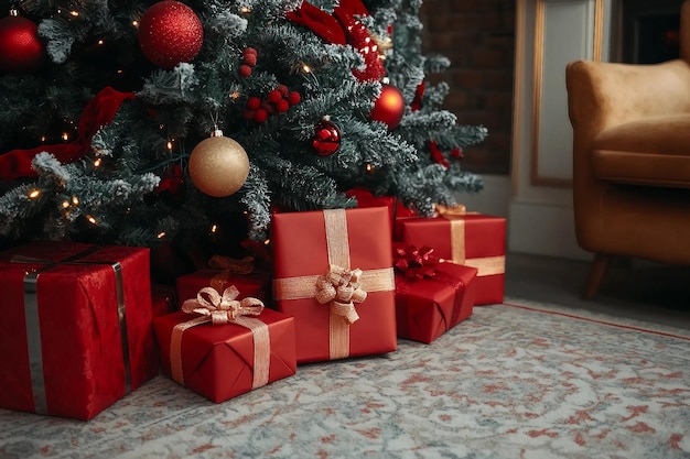 Gift boxes under Christmas tree in living room