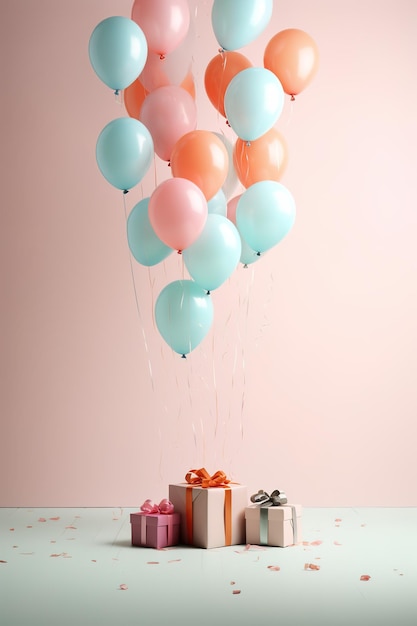 Gift boxes and colorful balloons on pastel pink background with confetti