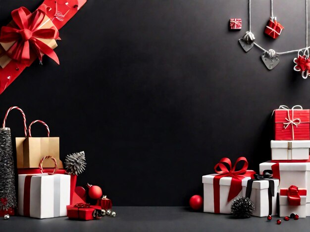 Gift boxes and decorations on black background with Copy space