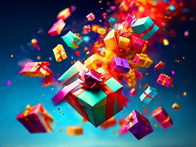 gift boxes falling from the sky colorful light motion blur