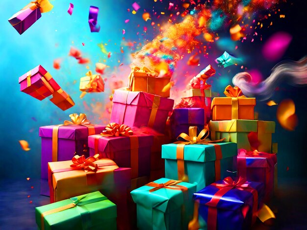 gift boxes falling from the sky colorful light motion blur