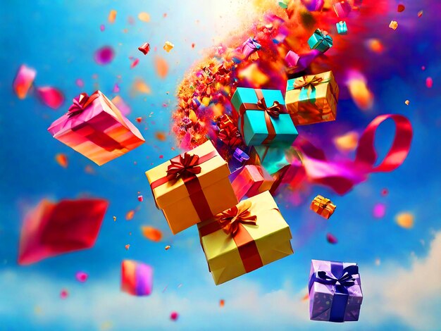 Photo gift boxes falling from the sky colorful light motion blur