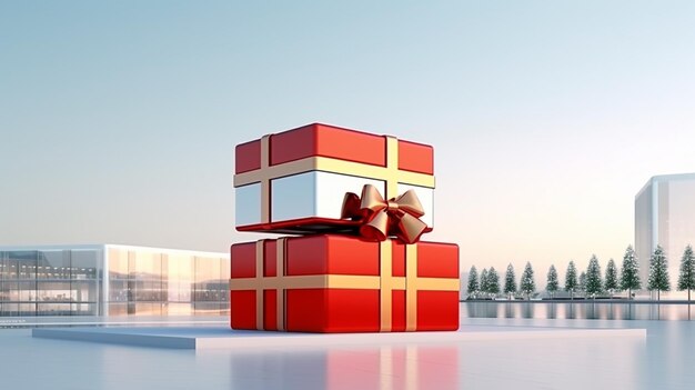 Photo gift boxes in front of a modern office building 3d rendering