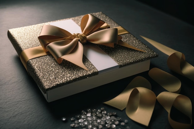 写真 プレゼントボックス ゴールドリボンと弓のプレゼントボックス 誕生日祝いのコンセプト
