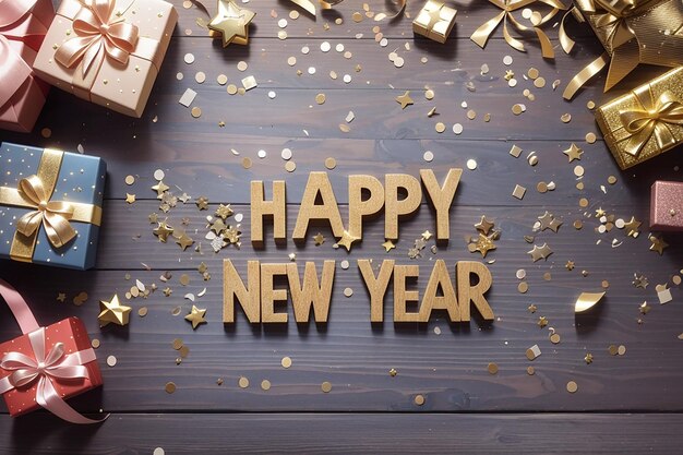 Gift boxes and Happy New Year text on wooden background top view