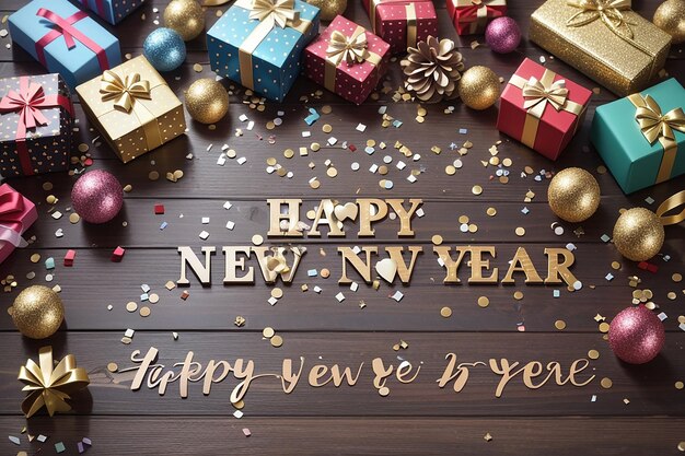 Gift boxes and Happy New Year text on wooden background top view