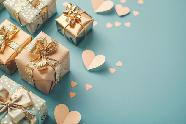 Gift boxes and hearts on blue background with copy space valentines day concept