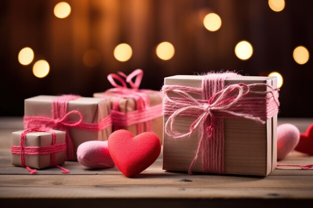 Photo gift boxes and hearts on wooden table valentine's day background