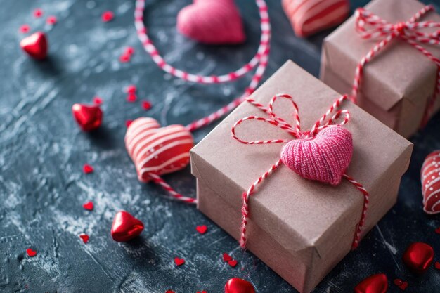 Фото Подарочные коробки на день святого валентина розовые и красные ручные формы сердца на синем столе или полу романтический дизайн дома концепция счастливого праздничного любовного украшения