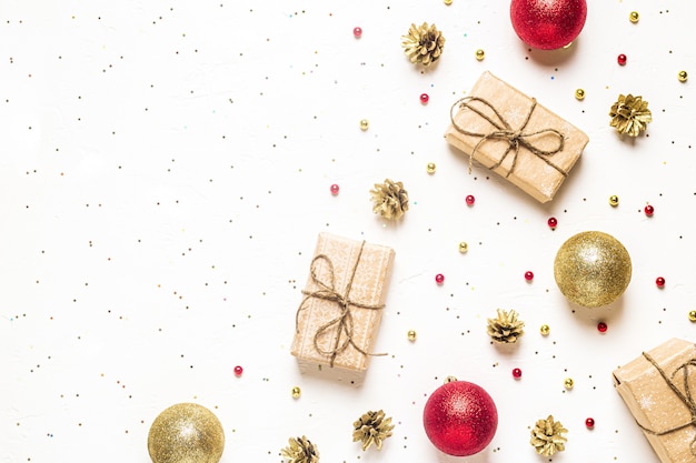 Gift boxes and ornaments with pine cones