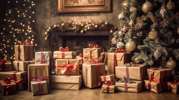 크래프트 종이로 포장된 선물 상자가 크리스마스 트리 아래 놓여 있습니다. Generative ai