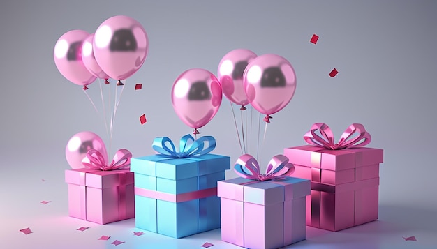 선물 상자 분홍색 풍선 색종이 조각 3D 렌더링 생일 배경 축하 장면 축제