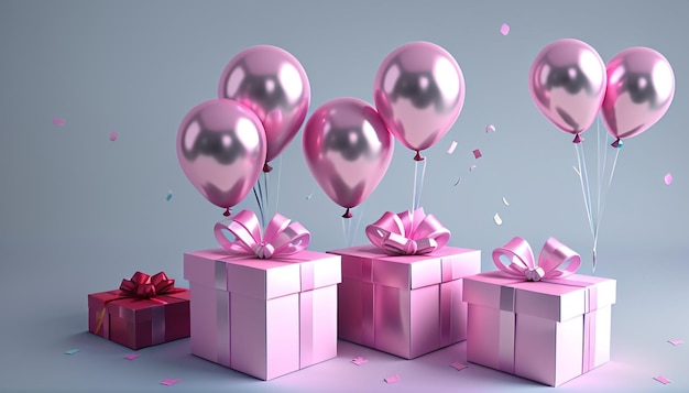 선물 상자 분홍색 풍선 색종이 조각 3D 렌더링 생일 배경 축하 장면 축제