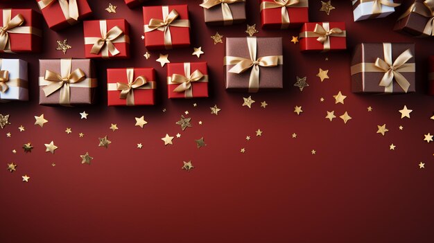 Gift boxes on the red background with gold stars