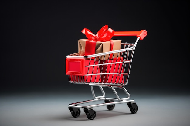 Gift boxes in a shopping cart on a black background