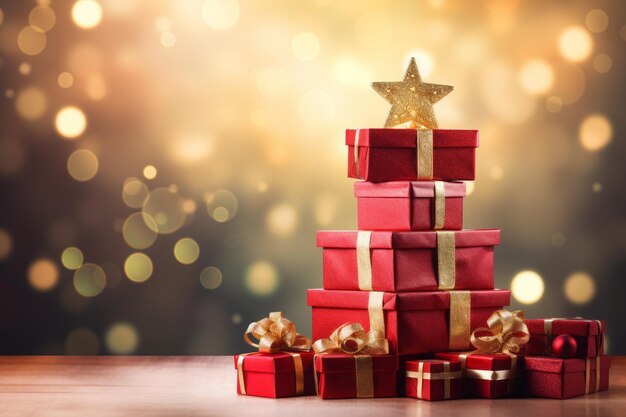 Gift boxes and star on bokeh background Christmas and New Year concept Gifts stacked one on top of the other in the form of a Christmas tree