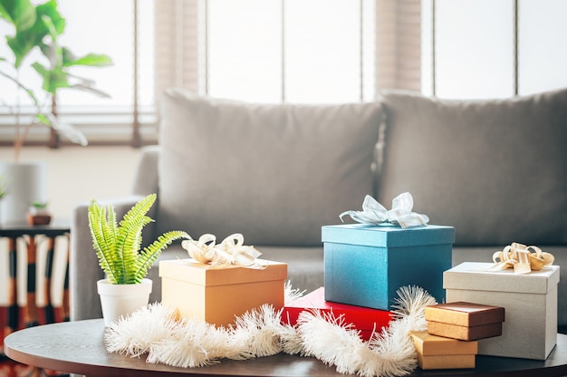 Gift boxes on the table in living room