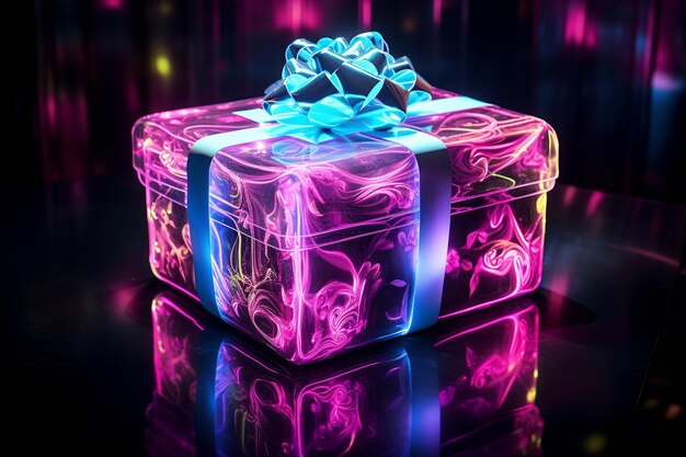 Photo gift boxes on the table in neon lighting