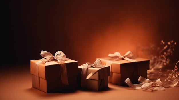 Gift boxes tied with ribbons on a Brown background copy space