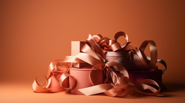 Gift boxes tied with ribbons on a Brown background copy space