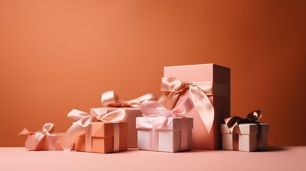 Gift boxes tied with ribbons on a Coral background copy space